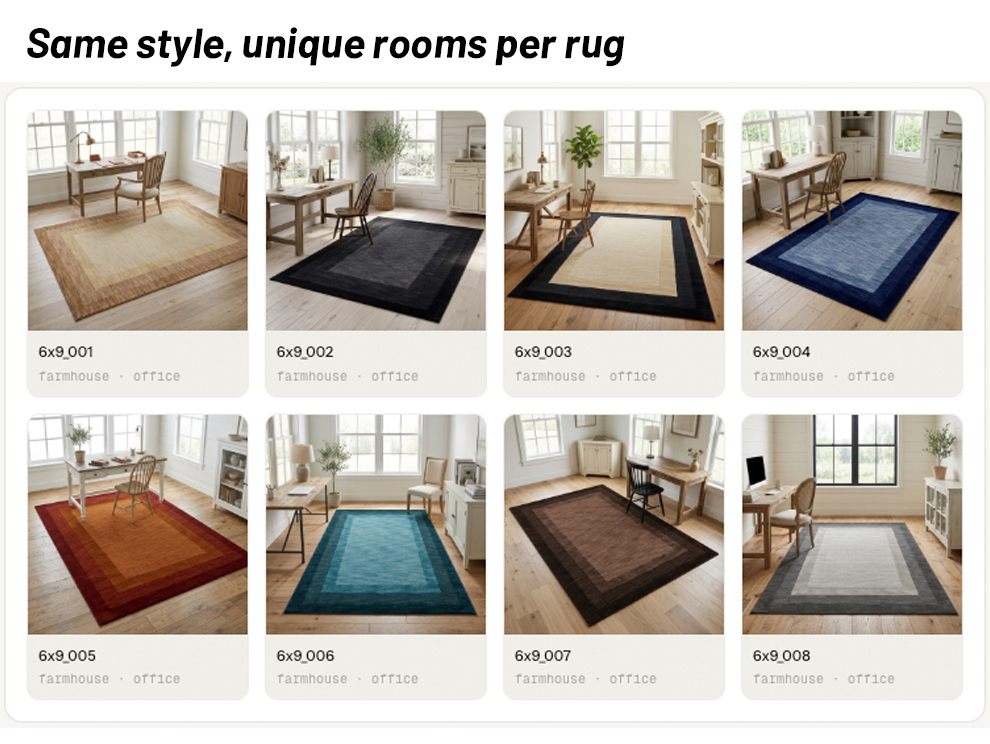 Multiple rug room scenes generated in one batch session