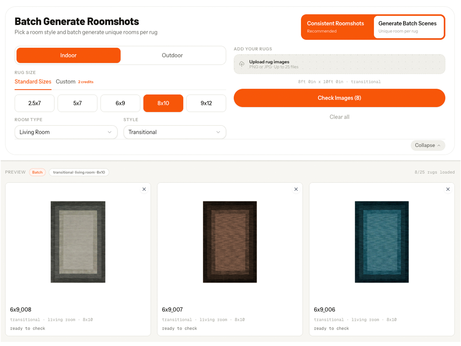 Batch generator upload queue showing 6 rugs ready to generate
