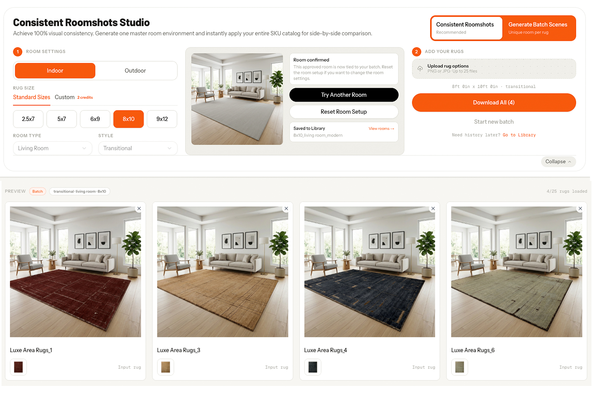 AI Roomshots app showing consistent roomshots workflow