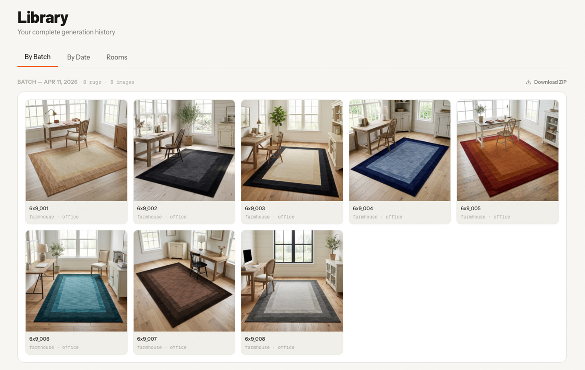 Library view showing completed batch of rug room scene images