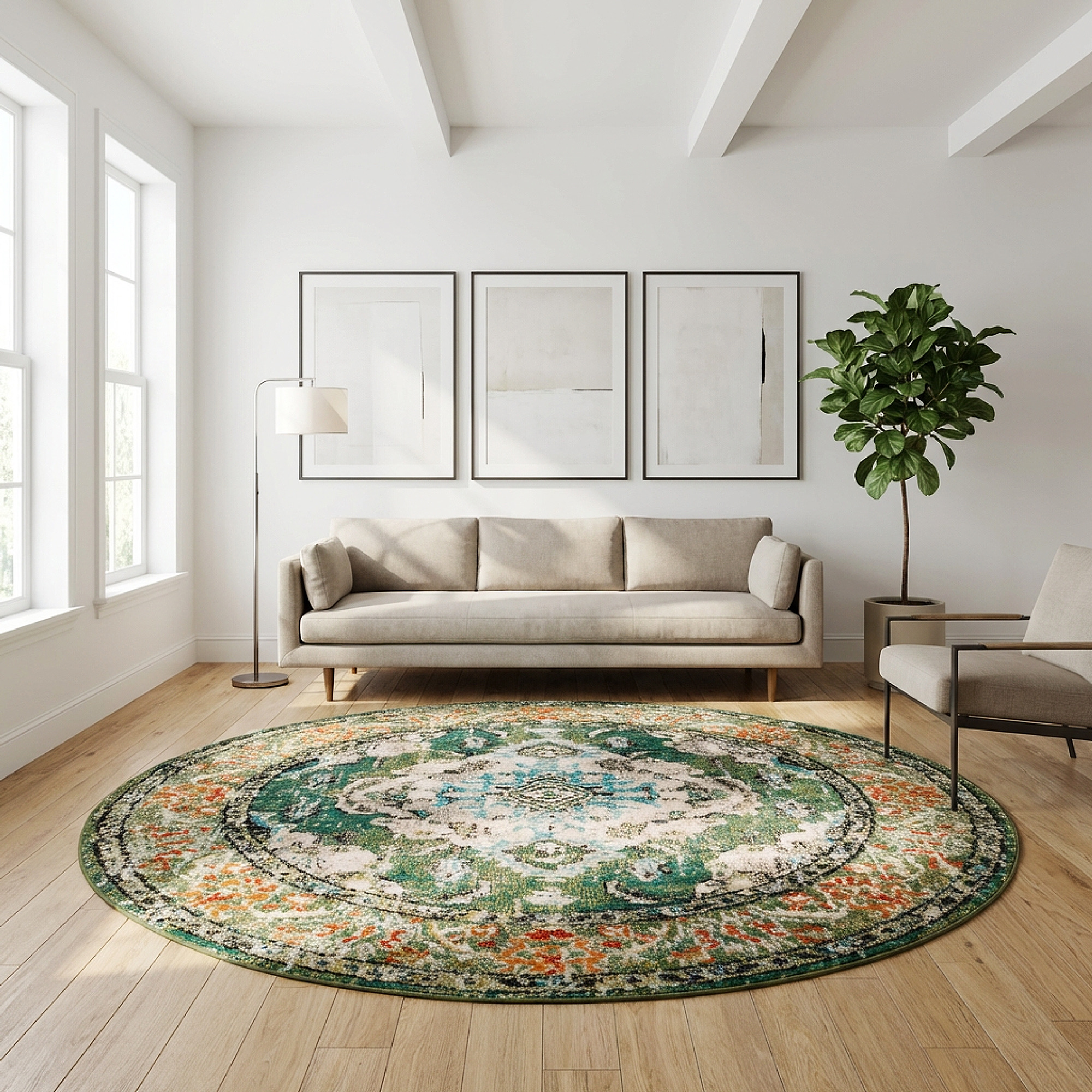 Round rug transformed from product image to living room scene
