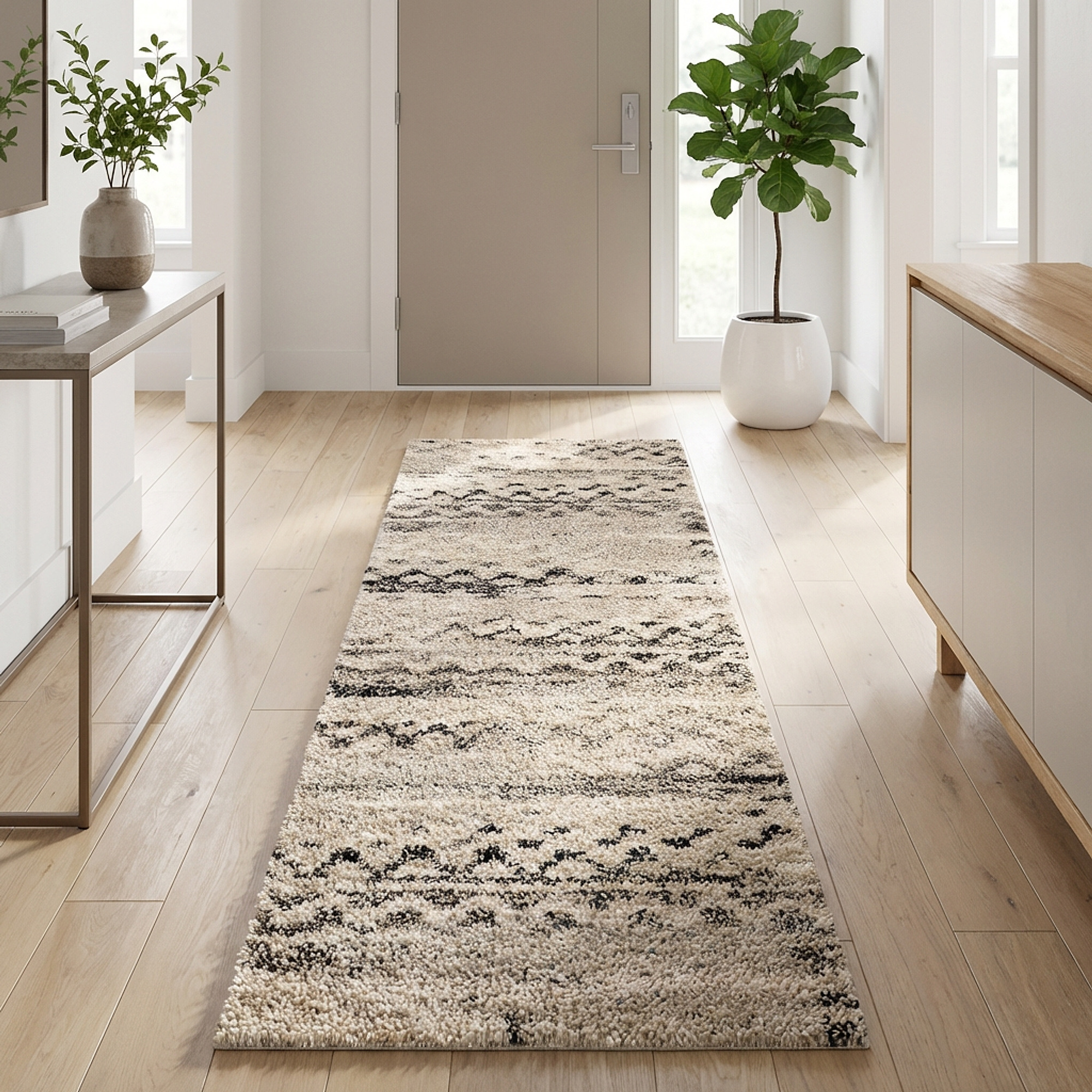 Runner rug transformed from product image to hallway room scene
