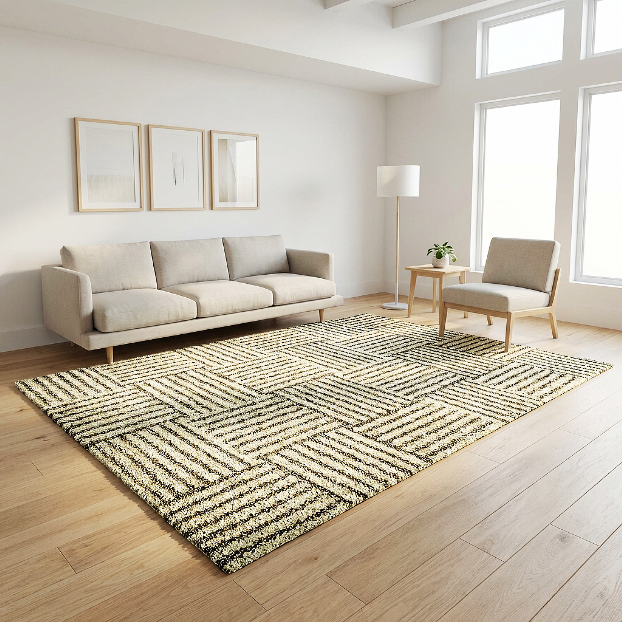 Living room rug transformed from product image to styled room scene