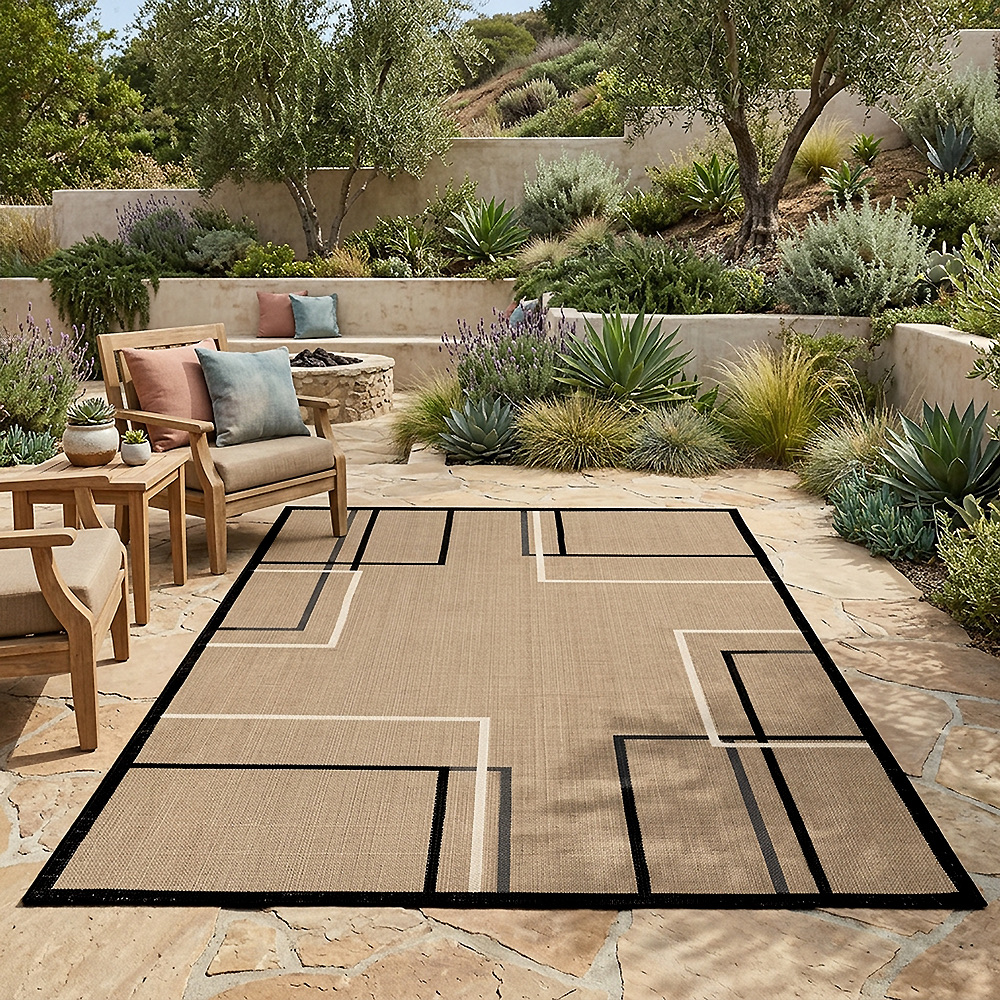 Patio rug transformed from product image to outdoor room scene