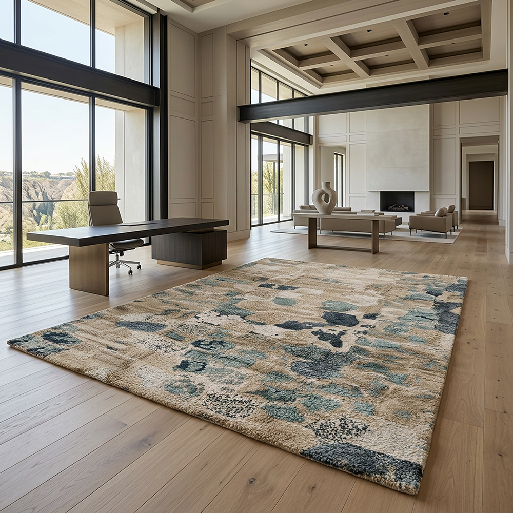 Custom-size rug transformed from product image to office room scene