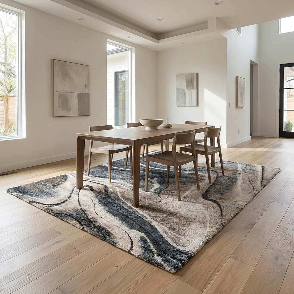 Dining rug transformed from product image to dining room scene