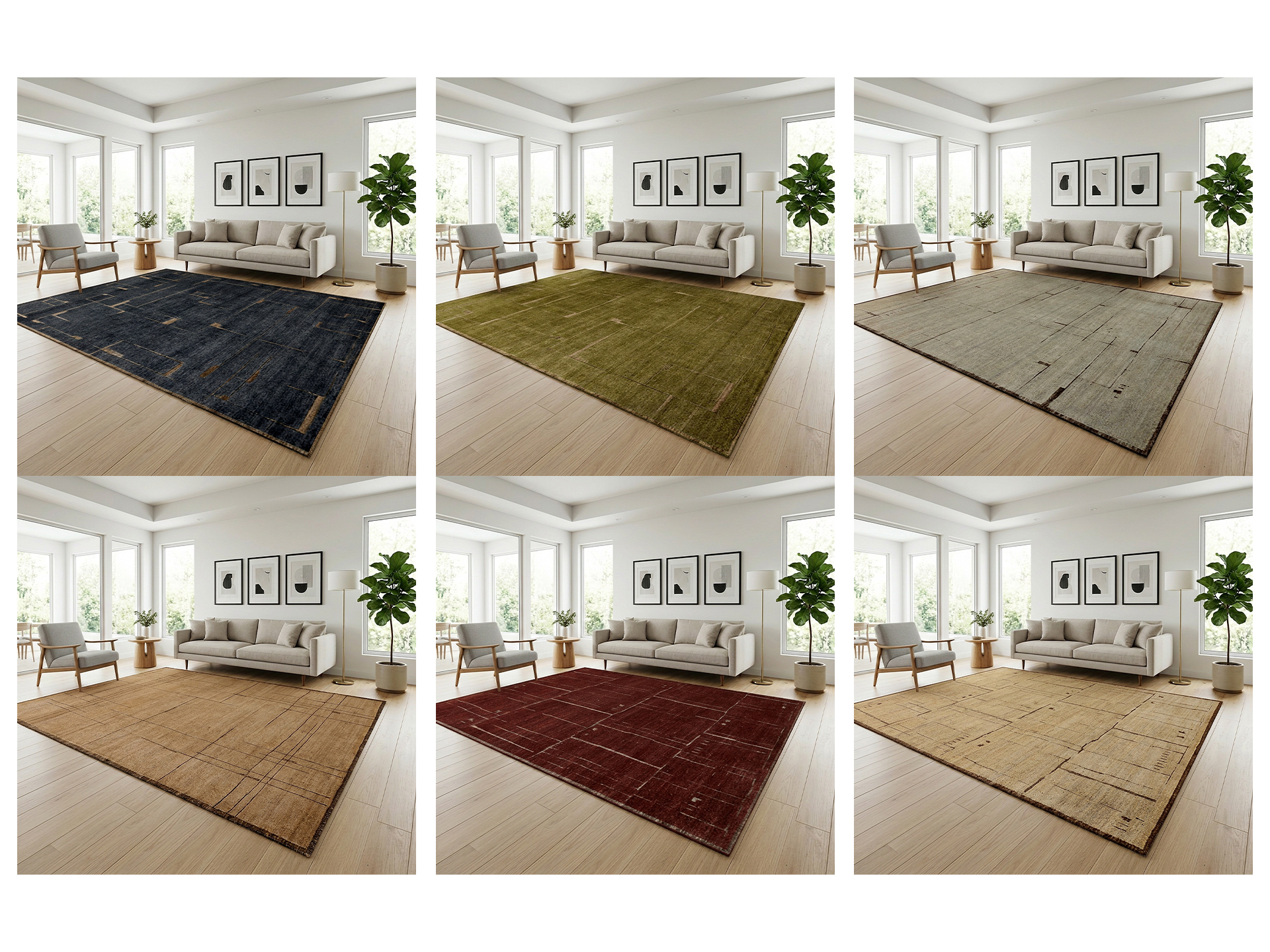 2x3 grid showing 6 different rugs all styled in the same living room