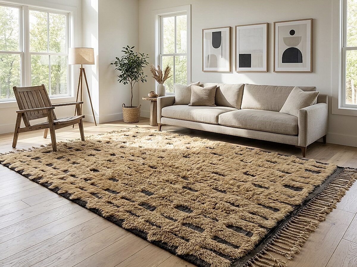 A rug styled in a finished living room, produced to a single catalog imaging standard.