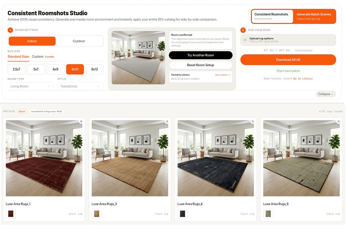 The AI Roomshots batch interface producing room scenes against one approved room.