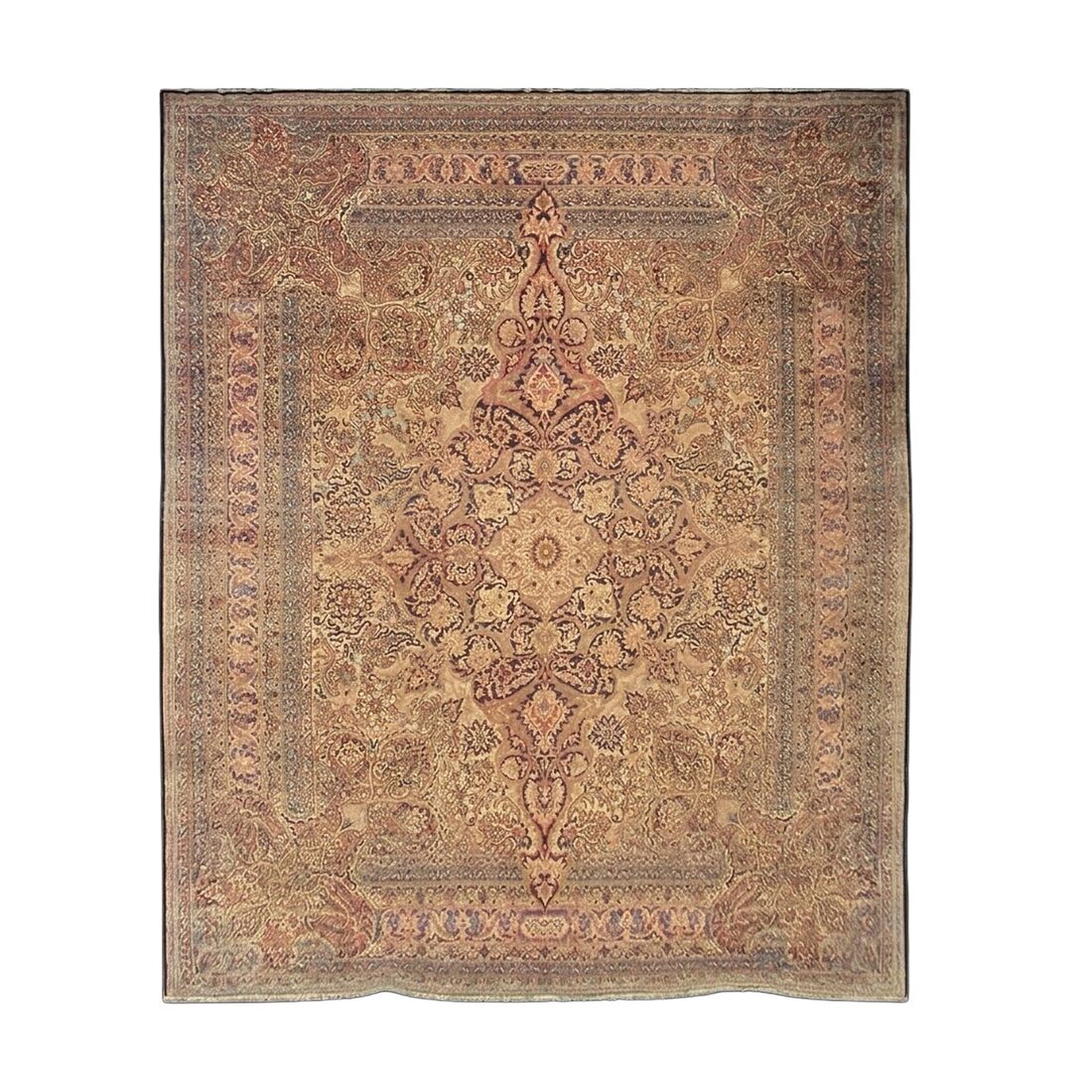 An antique medallion rug product image as supplied by the vendor, with distorted edges and uncorrected perspective.