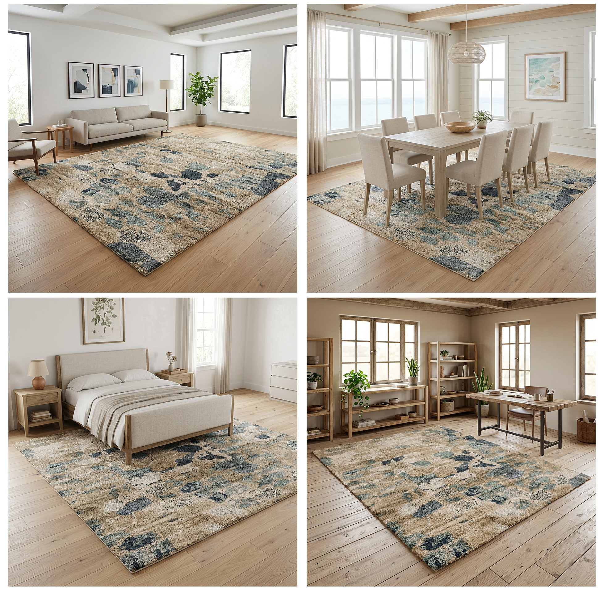 The same 8x10 rug shown in four rooms: living room modern, bedroom farmhouse, dining coastal, office rustic