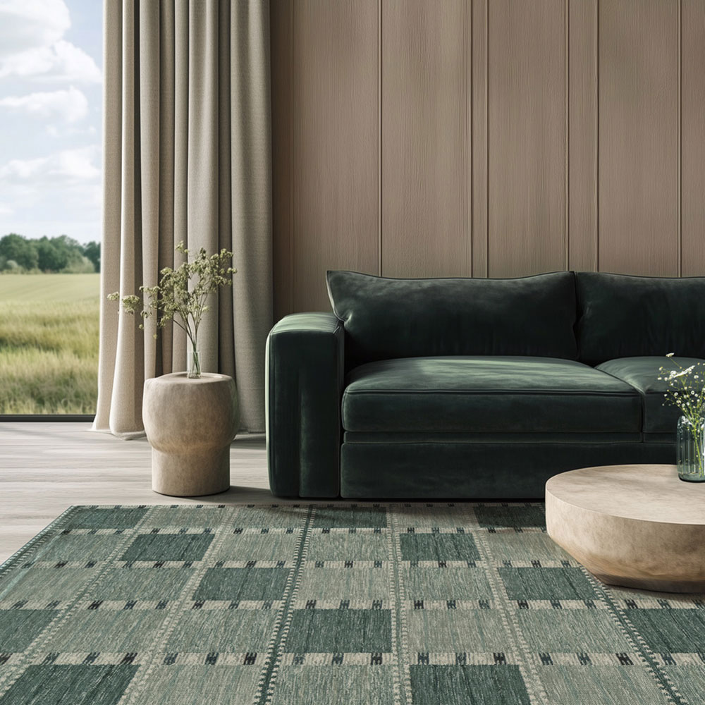 Green geometric rug in elegant living room with dark green velvet sofa and natural wood paneling