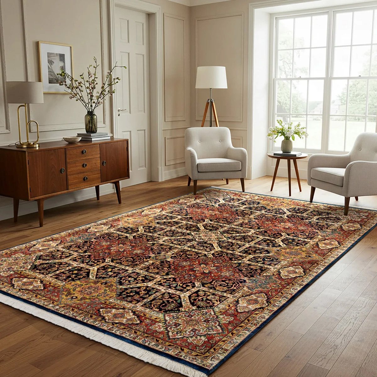 Traditional Persian rug in elegant living room with mid-century modern furniture and warm wood floors